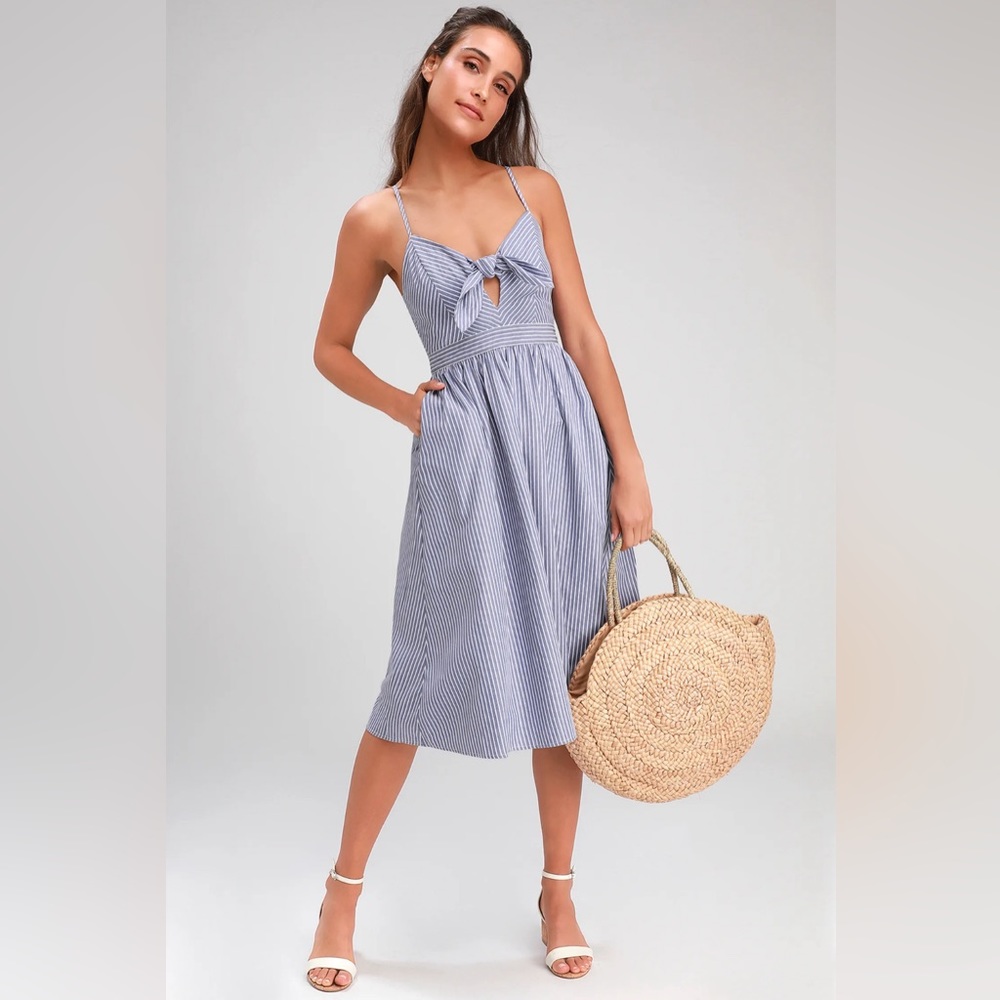 Lulu’s Joyful Days Blue Striped Knotted Front Midi Dress